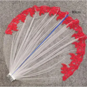Bridal Wedding Veil Tulle Mesh Long Veil With Comb Red Embroidery Edge Women Hair Accessories Wedding Headwear