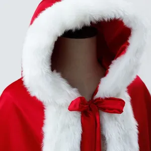 Christmas red hooded cloak with white faux fur trim and bow tie for women winter wear.