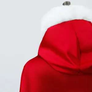 Red Christmas winter warm hooded cloak cape with plush white fur trim for women outfit.