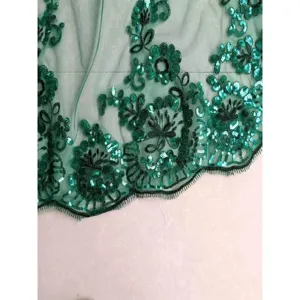 Green sequin lace trim embroidery fabric for wedding veil bridal dress DIY sewing crafts.