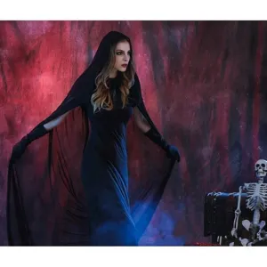Halloween women black hooded cloak witch vampire cosplay costume party dress main view