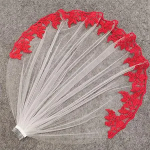 Stunning red lace bridal veil ivory wedding mesh shawl with plastic comb hair accessory