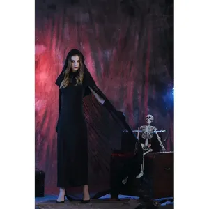 Halloween vampire witch gothic hooded long black cloak cosplay party costume dress for women