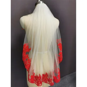 Ivory wedding veil featuring red lace embroidery, bridal mesh headpiece with hair comb.
