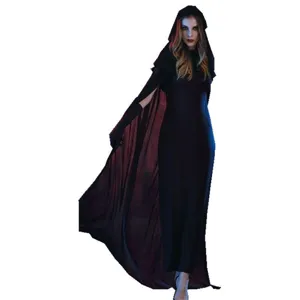 Halloween black hooded cape costume, gothic vampire witch role play long dress for women.