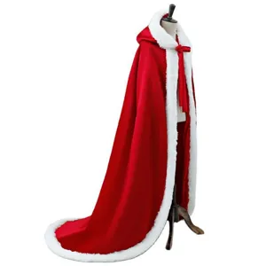 Red Christmas hooded long cape with plush trim, elegant winter warm cloak for women outer wear.