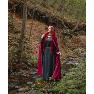 Medieval hooded red cape cloak and dark dress set for women, perfect for Halloween and stage cosplay.