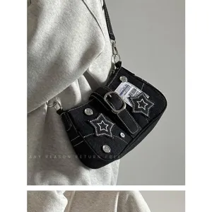 Bolso de hombro de denim negro para mujer retro estrella bolso de axila costuras de moda