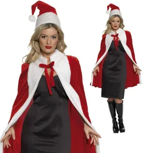 Detailed view of the women's red Christmas velvet cape with white faux fur trim and hat.
