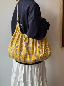 Yellow plaid canvas tote bag for women, casual large capacity shoulder hobo bag, stylish.