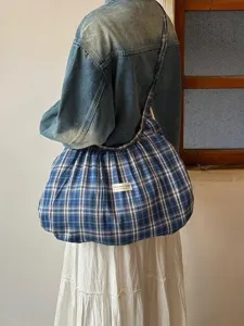 Blue plaid slouchy canvas tote bag, casual large capacity shoulder handbag detail view.
