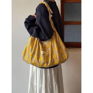 Korean Style Vintage Plaid Canvas Tote Bag Large Capacity Pleated Shoulder Bag Casual Crossbody Handbag For Women