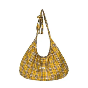 Korean vintage plaid tote bag, large capacity slouchy pleated canvas shoulder crossbody bag.