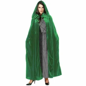 Green velvet hooded cloak detail view, medieval cosplay cape fabric and hood design texture.