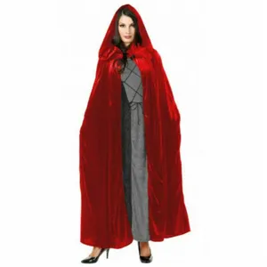 Red velvet hooded cloak detail, medieval fantasy costume cape, soft fabric for stage performance.