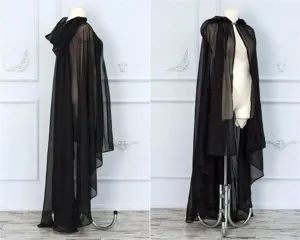 Black mesh hooded cloak detail, long sheer cape design, perfect for costume and party wear.