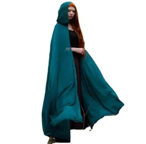 Detail view of women long hooded chiffon cloak cape in deep green, vintage style for stage.