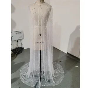 White pearl embellished sheer tulle bridal cape cloak long wedding train capelet detail