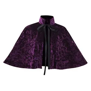 Purple velvet short cape cloak with high collar and black ribbon tie for elegant vintage style