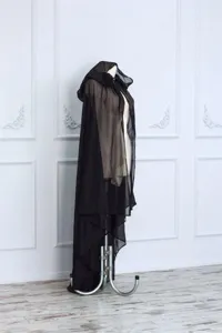 Black hooded mesh cape detail, lightweight sheer cloak for Halloween, party, and shows.
