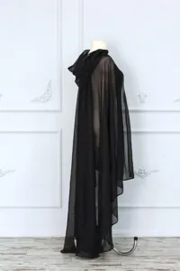 Black sheer mesh hooded cloak cape for Halloween party, theatrical stage performance and dress.