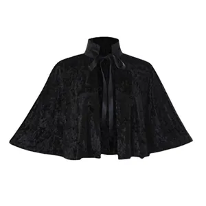 Black velvet short cape detail, high collar and ribbon tie design for vintage elegant outfits.