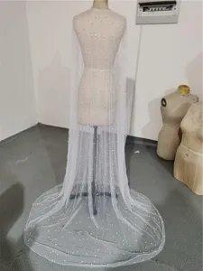Bridal white sheer tulle pearl cape long wedding cloak bridal shoulder wrap 1pc