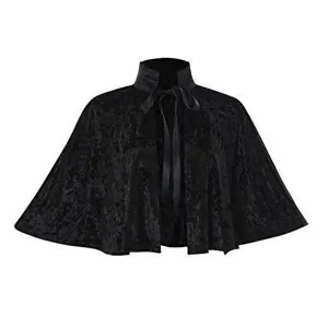Black velvet cape detail, high collar and ribbon tie, elegant short cloak for women.
