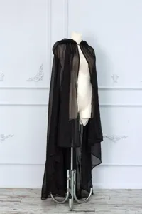 Black sheer hooded cape for women, long gothic tulle cloak for Halloween party and cosplay performance.