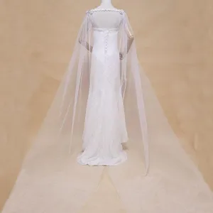 Bruid wit tule cape kant afwerking strass parels lange sleep bruiloft mantel accessoire