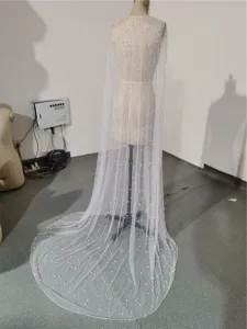 White bridal tulle cape with pearls long wedding cloak bridal veil tulle wrap for women