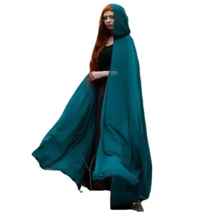 Women's Chiffon Hooded Cape Long Cloak Elegant Stage Performance Outerwear Teal Green