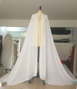 Elegant white chiffon long cape detail view, sheer flowing fabric floor length cloak.