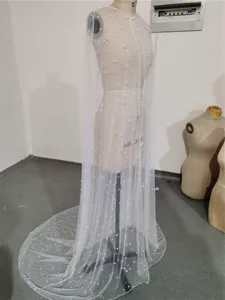 Elegant pearl tulle wedding cape long bridal cloak sheer mesh wrap with small train for women