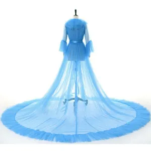 Exquisite blue sheer tulle cape detail long sleeve wedding cloak sweeping train mesh