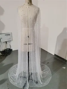 White pearl tulle wedding cape long bridal sheer cloak sheer mesh bridal cover up