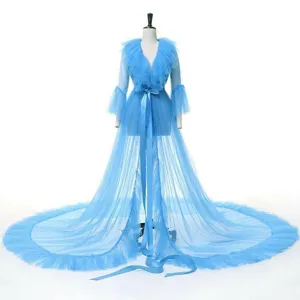 Light blue sheer tulle bridal cape cloak with long sleeves and ruffles for wedding dress gown.