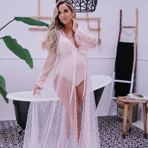 Plus size long sheer maternity cape, pearl embellished beach bikini cover up dress for women