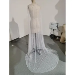 Women Elegant Long Wedding Tulle Shawl Pearl Embellished Bridal Cape Veil Mesh Wrap Capelet For Evening Party