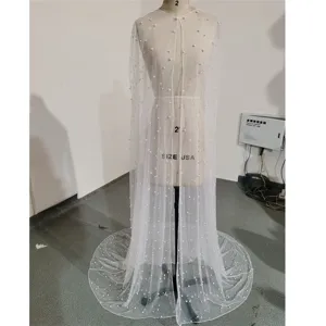 White pearl tulle wedding cape long bridal cloak sheer mesh wrap with elegant trailing design
