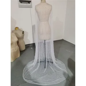 White pearl wedding tulle cape cloak long mesh bridal wrap with elegant sweep train.