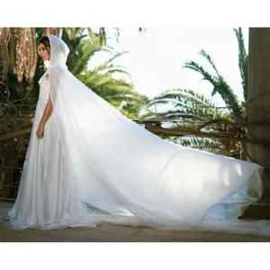 Elegant women white hooded cloak chiffon long cape fairy tale cosplay stage wear costume train