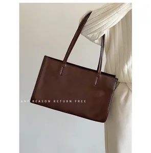 Large capacity dark brown leather shoulder tote bag, versatile casual commuting women bag.