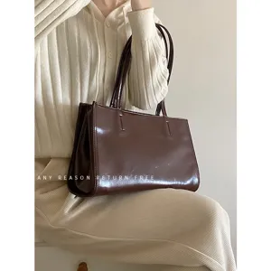 Brown patent leather tote bag large capacity shoulder bag for women autumn commuter stylish