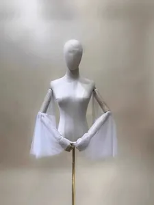 Detachable white mesh trumpet sleeves for bridal wedding dress accessories arm cover.