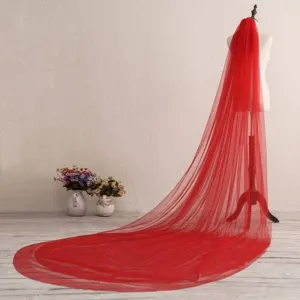 Red long bridal veil detail view, double layer tulle wedding mesh veil with comb for bride.