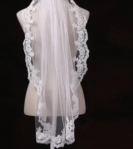 Velo da sposa matrimonio con bordo in pizzo ricamato delicato velo in tulle avorio bianco