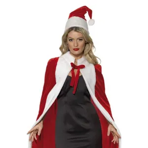 Women Christmas Velvet Cape Red Hooded Cloak with Santa Hat Holiday Party Cosplay Costume