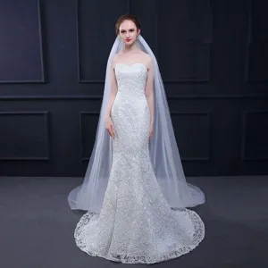 Prachtige witte kanten zeemeermin trouwjurk met elegant lang bruidssluierdetail voor foto.