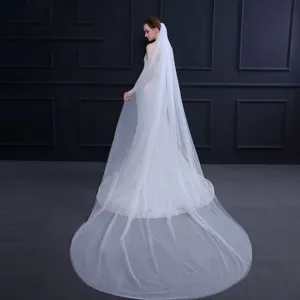 Elegante Lange Bruidssluier Met Delicate Kantborduursel Effen Kleur Huwelijksaccessoires Voor Bruidsceremonie